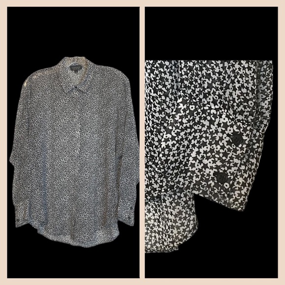 ‼️SOLD💕🔥 TOPSHOP EUC Women 6 Semi-Sheer Hi-Lo Black White Star Pattern Blouse - Picture 5 of 16